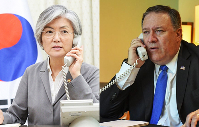 Südkoreas Außenministerin Kang Kyung-hwa und US-Außenminister Mike Pompeo führen am 29. Oktober ein Telefongespräch und sprachen über die Denuklearisierung sowie die Notwendigkeit des Tugendkreises von innerkoreanischer Beziehung. ⓒ Außenministerium