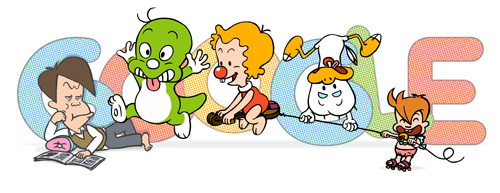 구글 코리아 로고를 장식한 둘리와 주요 등장인물들. 왼쪽부터 고길동, 둘리, 도우너, 또치, 희동이 (출처: 구글 코리아 페이스북)