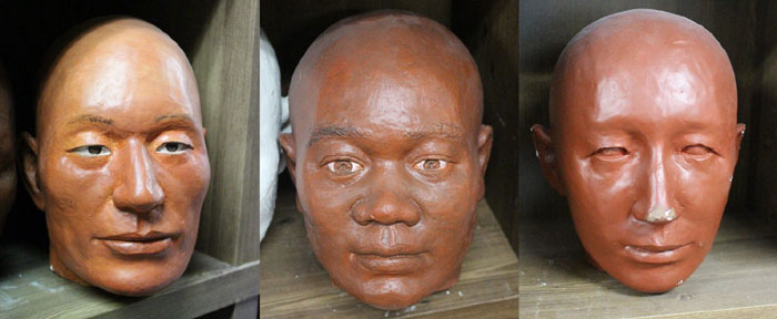 조용진 소장이 복원한 한반도 주민 모습. 왼쪽은 충북제천에서 발견된 황석리인. 2천3백년전 북유럽에서 이주한 것으로 추정된다. 가운데는 통영 앞바다의 연대도에서 발견된 남자인골을 복원한 두상. 아프리카인을 연상케 한다. 오른쪽은 서기 2100년에 예상되는 미래형 한국인 남성의 모습. 