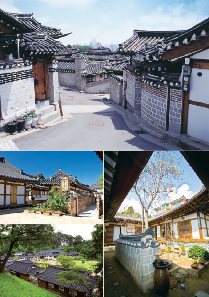 Clockwise from top: Bukchon Hanok Village, Bukchon guesthouse, Seongyojang House in Gangneung, Jeonju Hanok Village