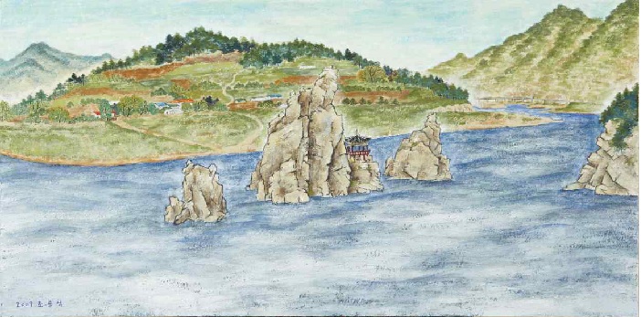 조용식의 '도담삼봉' (2009). 도담삼봉 뒤로 보이는 풍경을 다정다감하게 접근한 것이 조선시대의 그림과 다른 특징으로 볼 수 있다. 