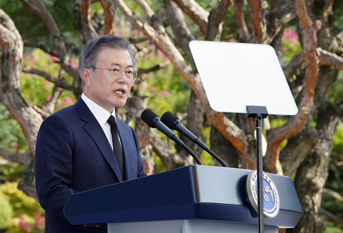 Anlässlich des Gedenktags für die Trostfrauen der japanischen Armee hält der südkoreanische Präsident Moon Jae-in eine Rede. ⓒ Yonhap News