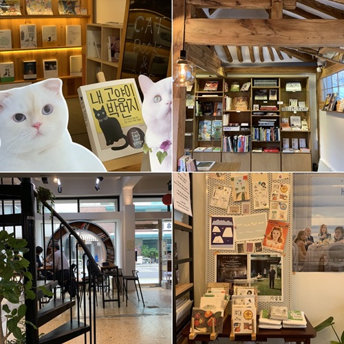 Derzeit florieren unabhängige Buchhandlungen in Seoul. Von oben links im Uhrzeigersinn: „Schrödinger“, „Seouler Zeitskizze“, „Dein Filmgeschmack“ und „Geschichtsbücher“.