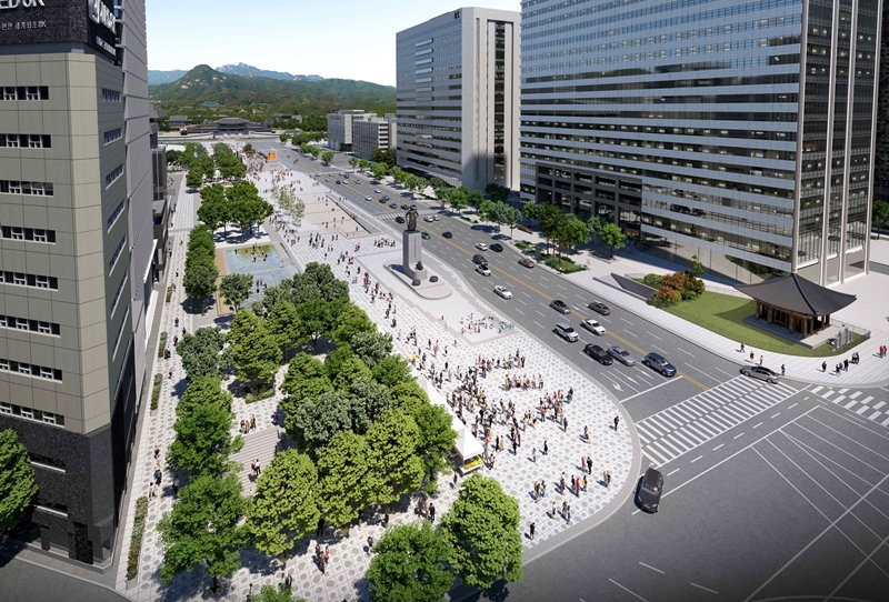 Draufsicht auf Gwanghwamun-Platz in Seoul mit einem völlig neuen Look. ⓒ Stadtregierung Seoul