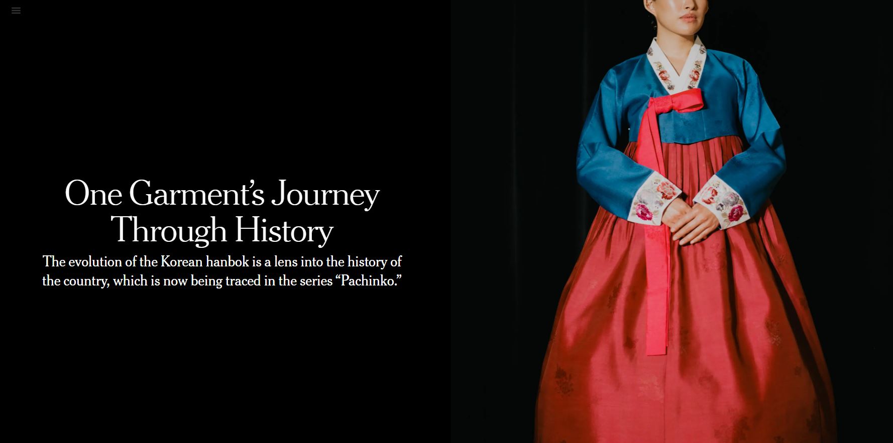 Die New York Times stellt am 9. April die traditionelle koreanische Tracht Hanbok in dem Artikel mit der Überschrift „Die Reise eines Kleidungsstücks durch die Geschichte (One Garment’s Journey Through History)“ vorgestellt. ⓒ Screenshot der Website von New York Times