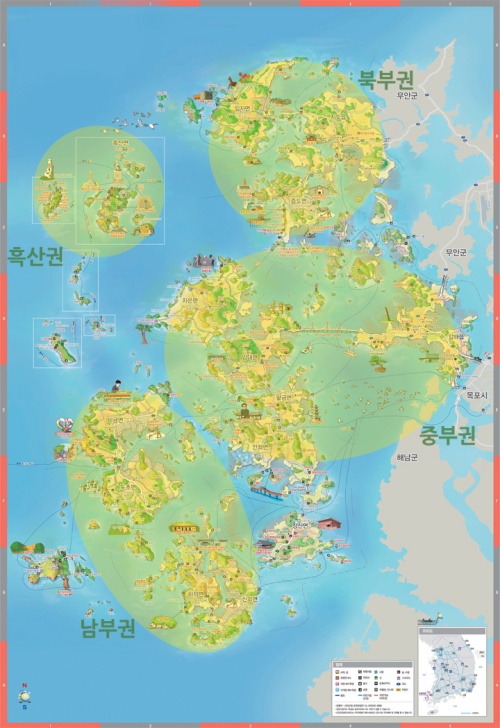 Um von einer Insel zur anderen zu gelangen, wird ziemlich viel Zeit benötigt, daher lautet die Empfehlung, sich eine Region auszusuchen und sich dort gemächlich ohne Eile umzusehen. ⓒ Landkreis Sinan-gun 