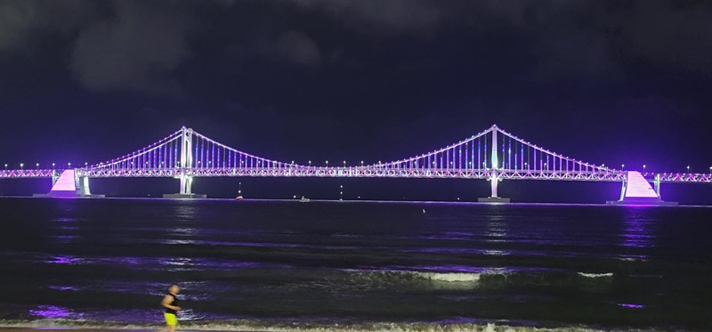 Beginnend mit der Gwangan-Brücke werden Busan Tower und zahlreiche Sehenswürdigkeiten bis zum 17. Oktober mit violetten Lichtern und Neonschildern mit der Aufschrift „Borahae Busan“ beleuchtet. ⓒ Stadtregierung von Busan