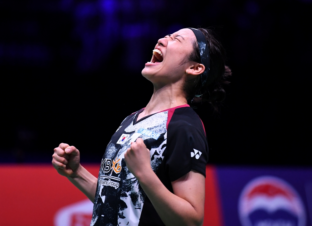 An Se Young, die südkoreanische Badminton-Nationalspielerin, jubelte am 27. August, nachdem sie das Dameneinzel-Finale bei der Badminton-Weltmeisterschaft 2023 von der Badminton World Federation (BWF) in Kopenhagen, Dänemark, gewann. ⓒ Yonhap News