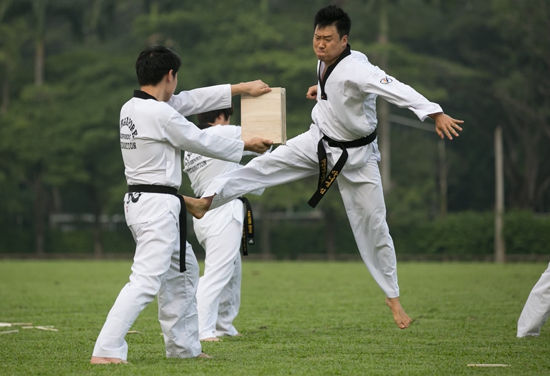 KIM JONG YOON, Vorsitzender vom ILDO Taekwondo, einer Taekwondo-Akademie, präsentierte im Oktober 2015 beim „2015 Korean Cup“ im Singapore Polo Club die Taekwondo-Bewegungen.