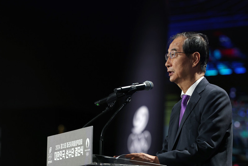 Ministerpräsident Han Duck-soo äußerte sich am 9. Juli bei der Auftaktveranstaltung der koreanischen Olympiamannschaft bei den Olympischen Winterspielen 2024 in Paris. ⓒ Jeon Han/korea.net