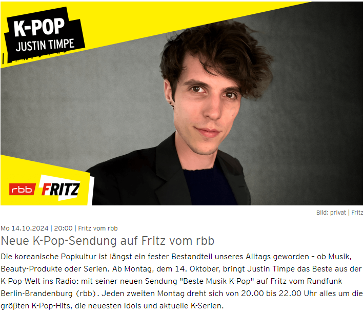 Die deutsche Rundfunkanstalt Berlin-Brandenburg (rbb) betreibt zum ersten Mal in Deutschland eine Radiosendung “Beste Musik K-Pop“, die K-Pop vorstellt. ⓒ Screenshot der offiziellen Webseite von rbb