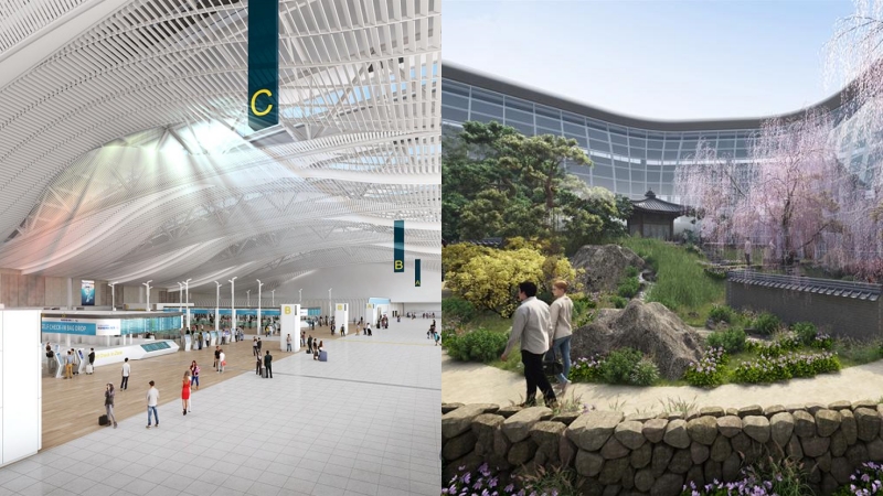 Fotos vom internationalen Flugnafen Incheon nach dem Ausbauprojekt. Rechts ist die Abflughalle im dritten Stock und links ist der Außengarten ⓒ Ministerium für Land, Infrastruktur und Transport