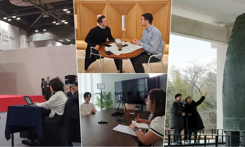 Von links im Uhrzeigersinn: Xu Aiying, die chinesische Redakteur, berichtet am 4. Juni über die gemeinsame Pressekonferenz nach dem Gipfeltreffen 2024 zwischen Korea und Afrika in Goyang-si, der Provinz Gyeonggi-do. Charles Audouin, der französische Redakteur, führt am 2. Oktober im Leema Building in Jongno-gu, Seoul, ein Interview mit Arnaud Bertrand, Kurator des Guimet-Museums. Lee Kyoug Mi, die koreanische Redakteurin für die japanische Abteilung, besucht am 1. Februar das Gyeongju National Museum in Gyeongju, der Provinz Gyeongsangbuk-do. Margareth Theresia, die indonesische Redakteurin, führt am 16. April im PARASTAR Entertainment in Gangnam-gu, Seoul, ein Interview mit Big Ocheon, der koreanischen K-Pop-Boygruppe mit Hörbehinderung. ⓒ Xu Aiying, Charles Audouin, Lee Kyoug Mi und Margareth Theresia/korea.net