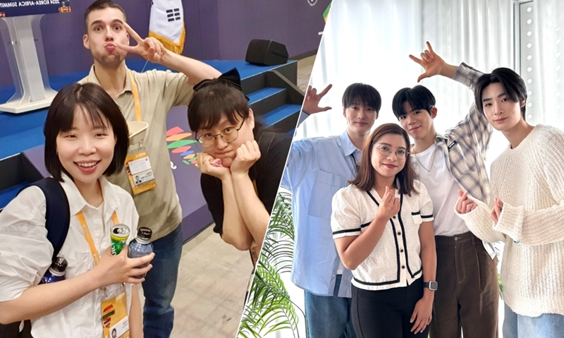 Links: Foto von Korea.net-Journalist*innen (von links: Xu Aiying, Charles Audouin und Lee Kyoug Mi) nach der Berichterstattung vom Gipfeltreffen 2024 zwischen Korea und Afrika, der vom 4. Juni bis zum 5. Juni in Goyang-si stattfand. Rechts: Foto von Margareth Theresia, die indonesische Redakteurin, die am 16. April im PARASTAR Entertainment in Gangnam-gu in Seoul nach dem Interview mit Big Oceon posiert ⓒ Lee Kyoug Mi und Margareth Theresia/korea.net