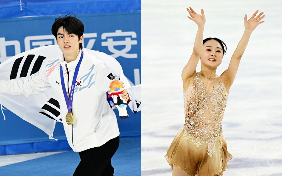 Die koreanischen Eiskunstläufer Cha Junhwan und Kim Chaeyeon gewannen am 13. Februar bei den Asien-Winterspielen 2025 in Harbin Goldmedaillen ⓒ Offizielle Facebook-Seite vom Koreanischen Olympischen Komitee