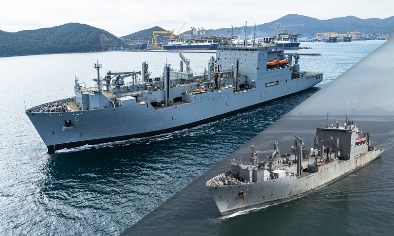 Fotos von vor (unten) und nach (oben) den Wartungsarbeiten von USNS Wally Shirra 