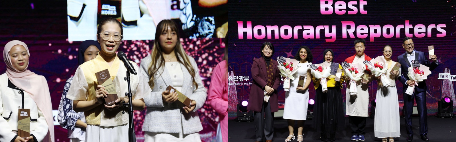 Links: Myrtle Iris Villaraza, Ehrenberichterstatterin aus den Philippinen, äußerte sich am 8. November im CKL in Seoul über ihre Preisverleihung. Rechts: Fünf Preisgewinner in der Kategorie für Ehrenberichterstatter*innen. Von links:  Chae Suhee, Direktorin der Abteilung für globale Öffentlichkeitsarbeit des Ministeriums, Eman Ahmed Mohamed, Ehrenberichterstatterin aus Ägypten, Hanum Nur Aprilia, Ehrenberichterstatterin aus Indonesien, Hoàng Xuân Tùng, Ehrenberichterstatter aus Vietnam, Myrtle Iris Villaraza, Ehrenberichterstatterin aus den Philippinen, und José Alirio Peña Zerpa, Ehrenberichterstatter aus Venezuela