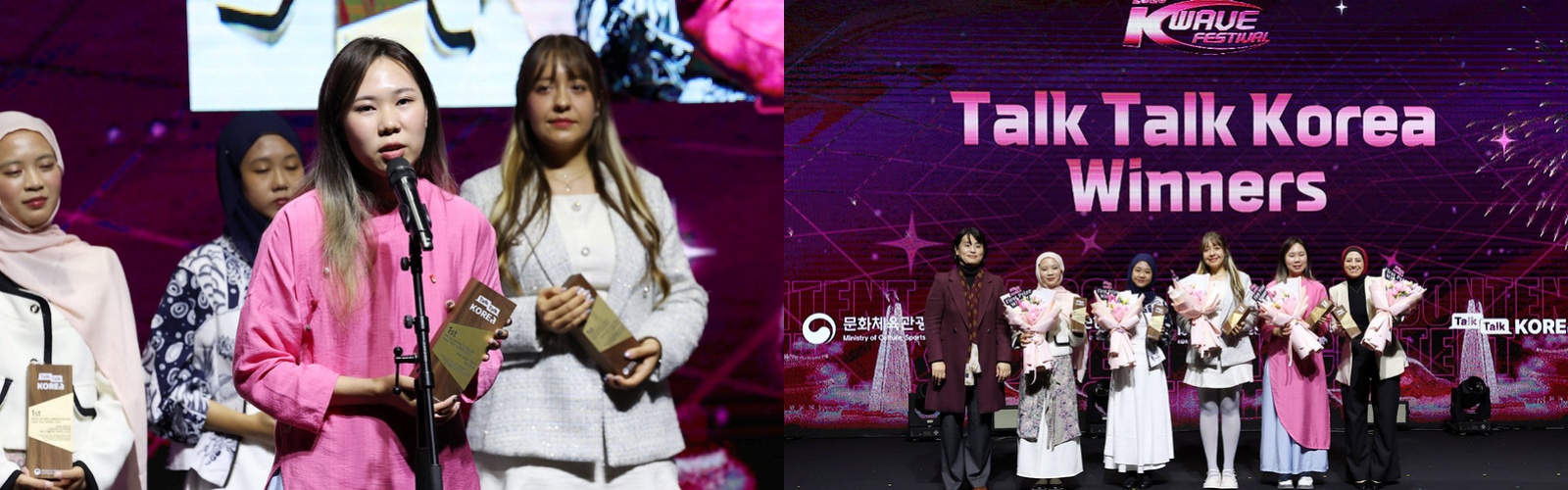 Links: Hai Anh Tran, Gewinnerin von Talk Talk Korea 2025 aus Vietnam, äußert sich am 8. November im CKL in Seoul über ihre Preisverleihung. Rechts: Fünf Preisgewinnerinnen in der Kategorie für Talk Talk Korea 2025. Von links: Chae Suhee, Direktorin der Abteilung für globale Öffentlichkeitsarbeit des Ministeriums, Vina Aulia Zakiah Sodikin, Preisgewinnerin aus Indonesien, Citra Auly Maulida Rizka, Preisgewinnerin aus Indonesien, Marylee Loya, Preisgewinnerin aus Mexiko, Hai Anh Tran, Preisgewinnerin aus Vietnam, und Sara Mohamed, Preisgewinnerin aus Ägypten 