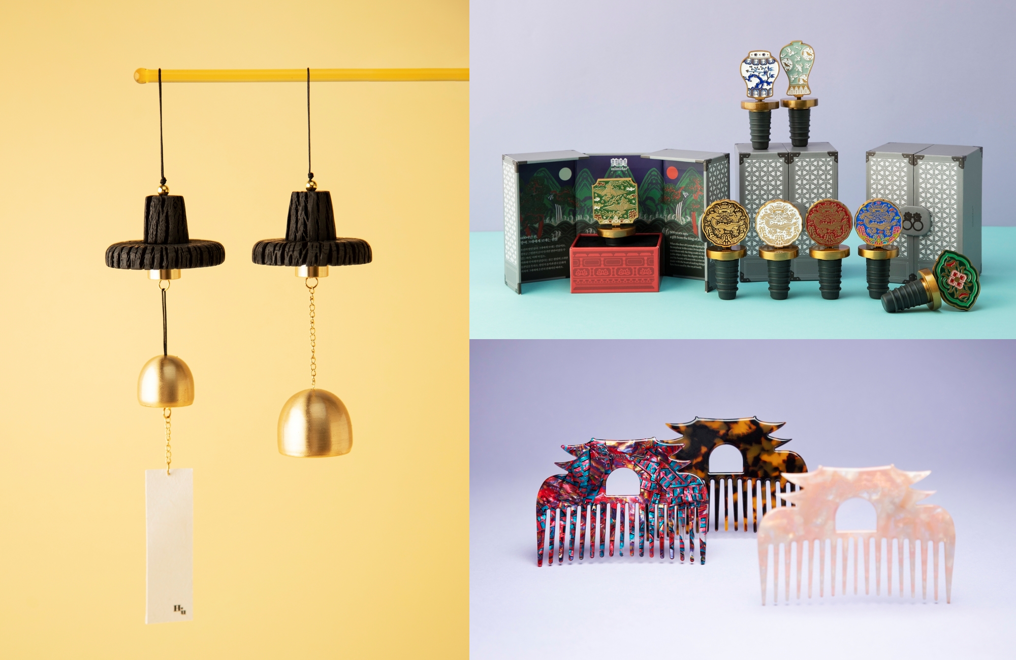 Gewinner des Wettbewerbs für Tourismus-Souvenirs 2025”. Von links im Uhrzeigersinn: Windspiele in Form des traditionellen Herrenhutes “Gat“, die den Silberpreis gewannen, Weinstopfen mit königlichen Siegeln der Joseon-Zeit, die den Hauptpreis erhielt, und Kämme, die mit dem Sonderpreis von Hyundai Department Store ausgezeichnet wurden ⓒ Korea Tourism Organization  