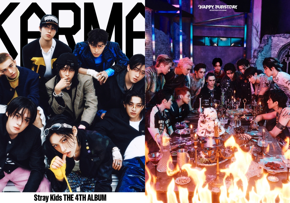 Laut der International Federation of the Phonographic Industrie (IFPI) belegte die K-Pop-Boygruppe Stray Kids mit ihrem Song “KARMA” (links) den dritten Platz in den “Global Album Sales Charts”, gefolgt von Seventeen mit “HAPPY BURSTDAY” ⓒ Offizielle Facebook-Seite von Straykids und Seventeen