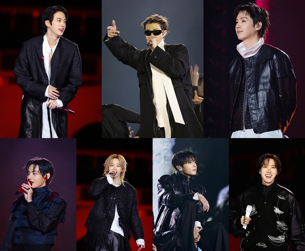 Foto: Die Mitglieder der K-Pop-Boygruppe BTS - Jin, RM, Suga, J-Hope, Jungkook, Jimin und V (vom oberen linken Eck aus im Uhrzeigersinn) - bei ihrem Konzert &ldquo;BTS THE COMEBACK LIVE｜ARIRANG&rdquo; am 21. M&auml;rz auf dem Gwanghwamun-Platz