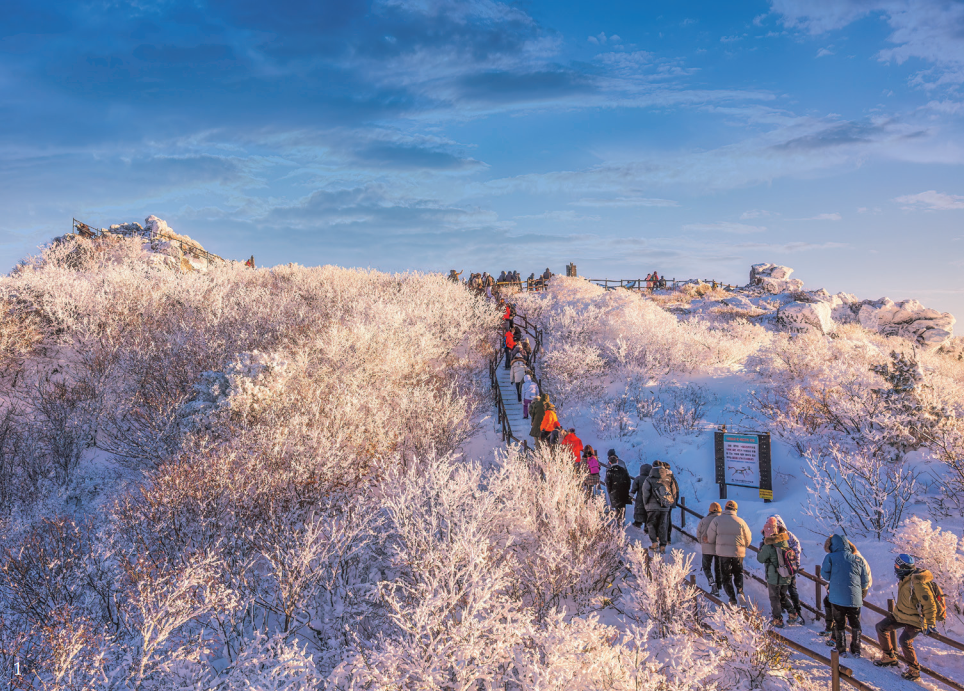 1. Verschneite Landschaft des Deogyusan in Muju Das Gebirge Deogyusan, bekannt für die im Herbst rot gefärbten Blätter und die im Winter blühenden Schneeblumen, stellt eine charakteristische Touristenattraktion in Korea dar, die die markanten Veränderungen der vier Jahreszeiten eindrucksvoll zur Schau stellt.