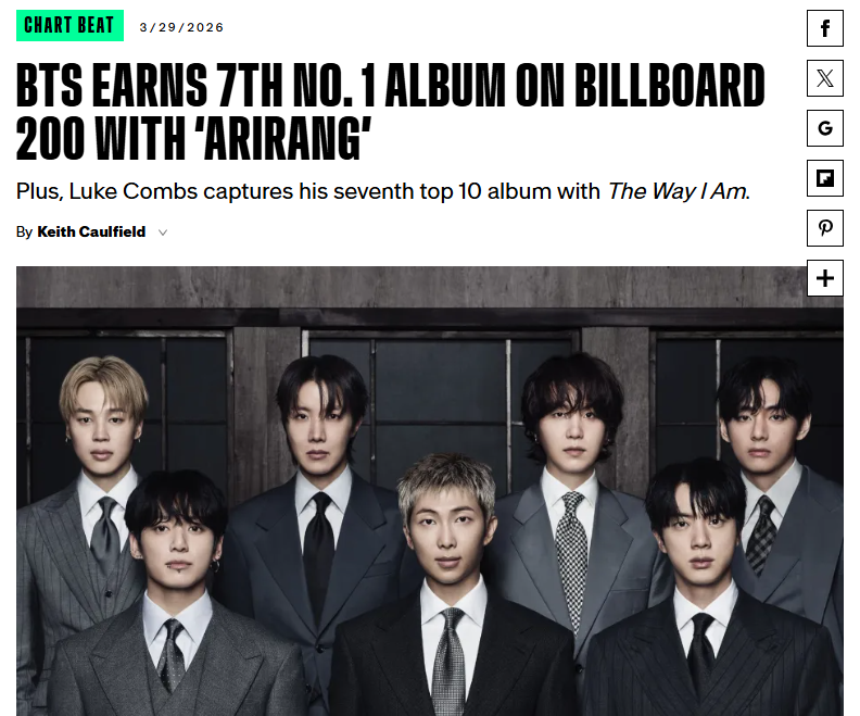 Das neue Album “ARIRANG” der K-Pop-Boygruppe BTS erobert die Billboard-200-Charts ⓒ Screenshot der Billboard-Website