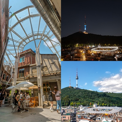 Links: Innenansicht des Shinheung-Markts. Rechts: Landschaft von Yongsan-gu ⓒ Shin Jaeik and Dongha Kim von Urban Idea Agency 