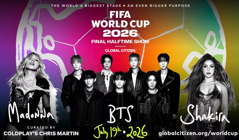 Die K-Pop-Boygruppe BTS, die US-amerikanische Sängerin Madonna sowie die kolumbianische Pop-Sängerin Shakira stehen am 19. Juli auf der Halftime-Show des Finales der FIFA-Weltmeisterschaft 2026 in Nord- und Mittelamerika ⓒ FIFA 