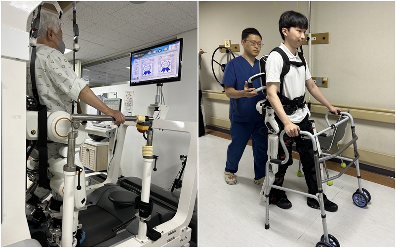 Foto: Patienten beim Training mit Walkbot (links), einem Gangrehabilitationsroboter, und Angel Legs, einem tragbaren Exoskelett für die Gangrehabilitation ⓒ Margareth Theresia/korea.net 