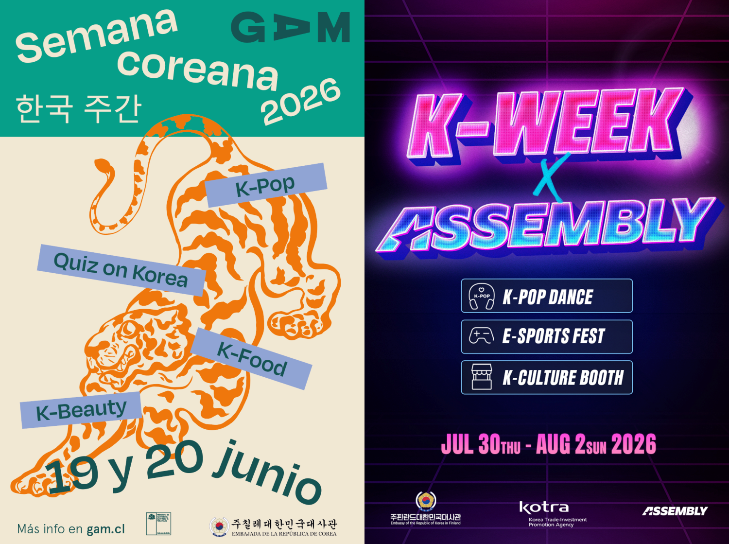 Das offizielle Poster zur &bdquo;Korea Week&ldquo; der koreanischen Botschaft in Chile (links) und der koreanischen Botschaft in Finnland ⓒ Ministerium f&uuml;r Ausw&auml;rtige Angelegenheiten 