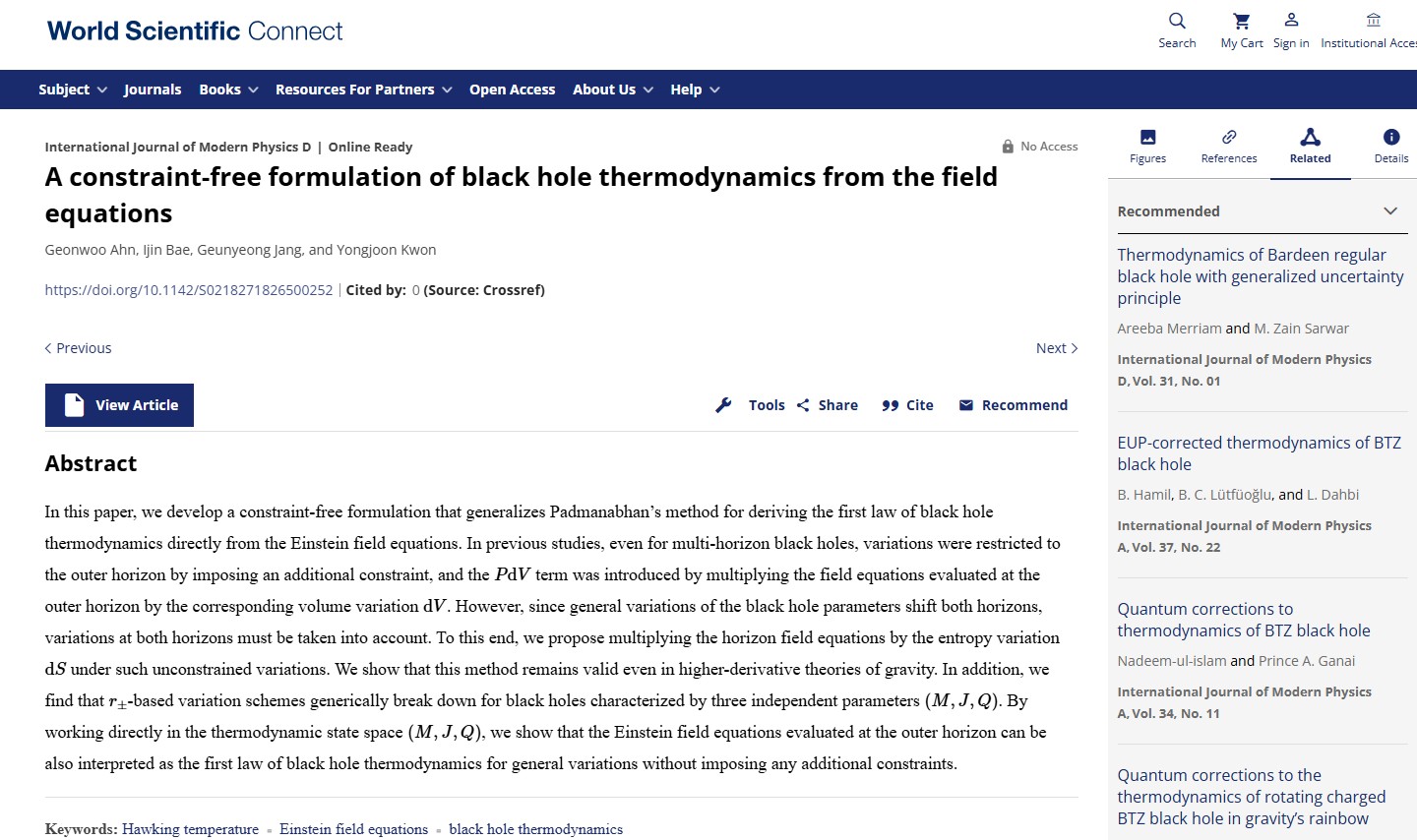 Die Ergebnisse einer Forschungsarbeit, die von Sch&uuml;lern und Lehrkr&auml;ften der Seoul Science High School gemeinsam durchgef&uuml;hrt wurde, wurden in der internationalen Fachzeitschrift &bdquo;International Journal of Modern Physics D&ldquo; ver&ouml;ffentlicht ⓒ Screenshot der offiziellen Website von World Scientific Connect