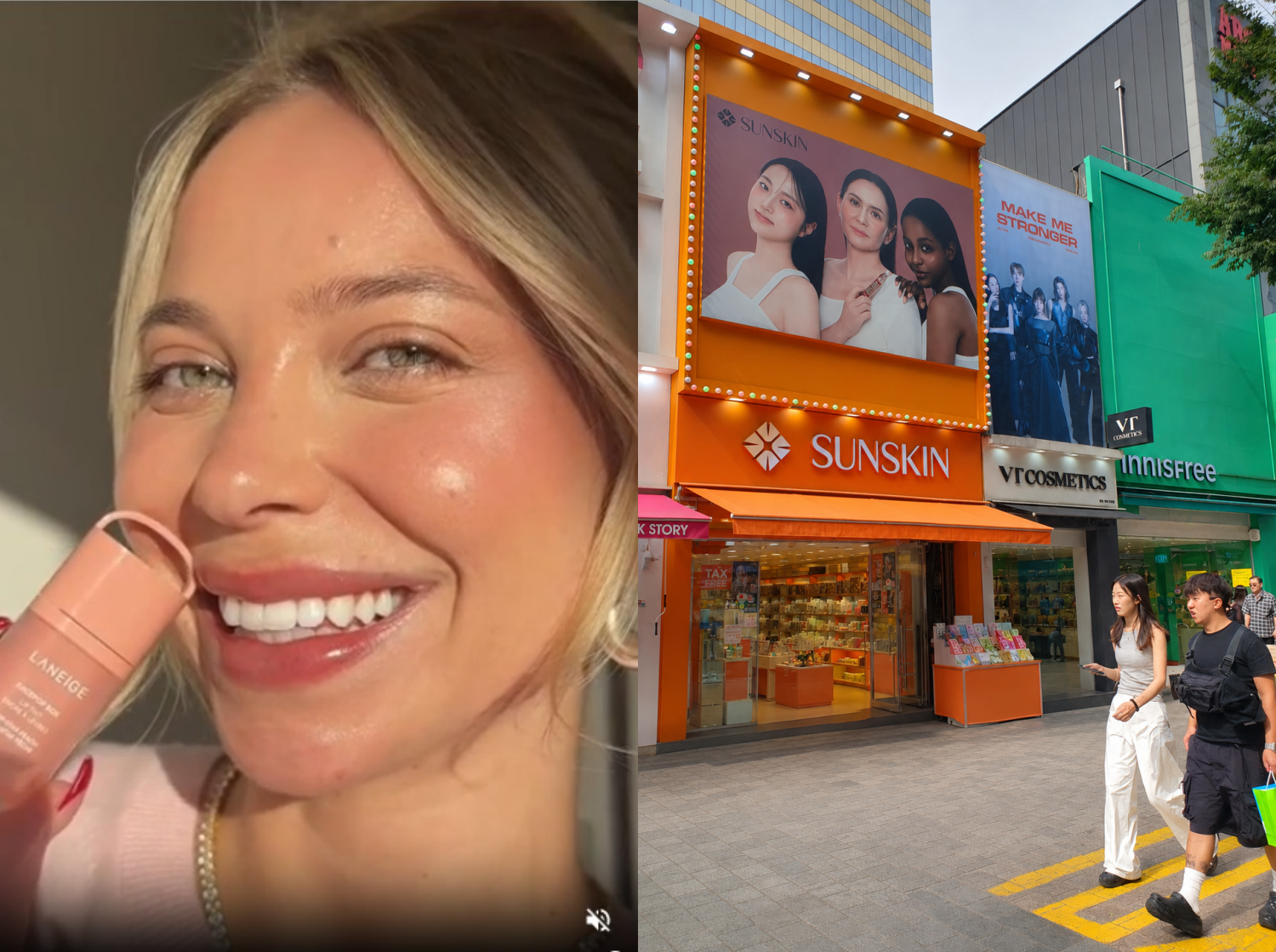 Links: Die koreanische Beauty-Marke LANEIGE bewirbt ihre Produkte im offiziellen US-Onlineshop mit einem ausländischen Model. Rechts: Werbung mit Models unterschiedlicher Hautfarben und ethnischer Herkunft in einem Kosmetikgeschäft in Myeong-dong, Jung-gu ⓒ Offizielle US-amerikanische Website von LANEIGE, Uyen Nguyen/korea.net
