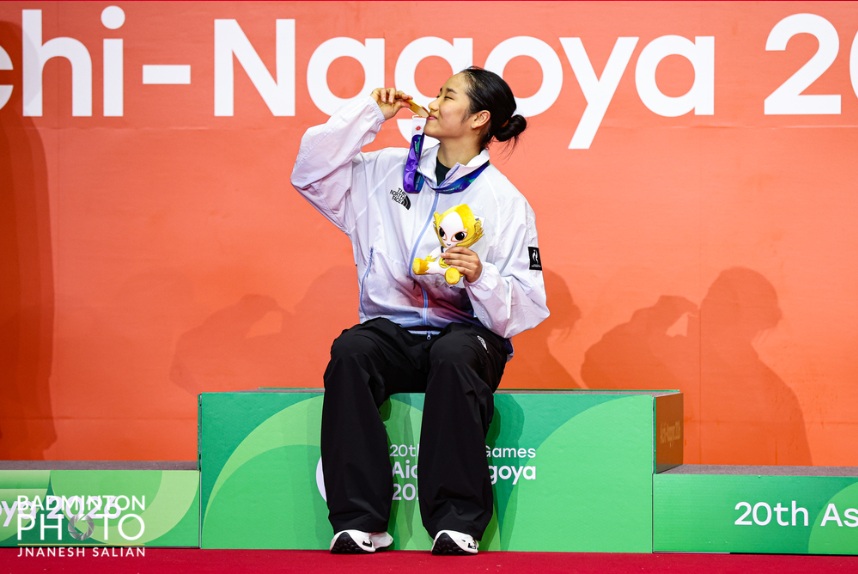 Am 29. September gewinnt die koreanische Badminton-Spielerin An Se Young im Finale des Badminton-Fraueneinzels im Ichinomiya City Gymnasium bei den Asienspielen 2026 in Aichi und Nagoya die Goldmedaille ⓒ Badminton Korea Association