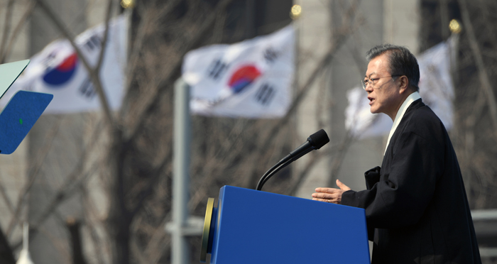 Präsident Moon Jae-in hält eine Rede bei einer Zeremonie zum 100. Jubiläum der Unabhängigkeitsbewegung vom 1. März.