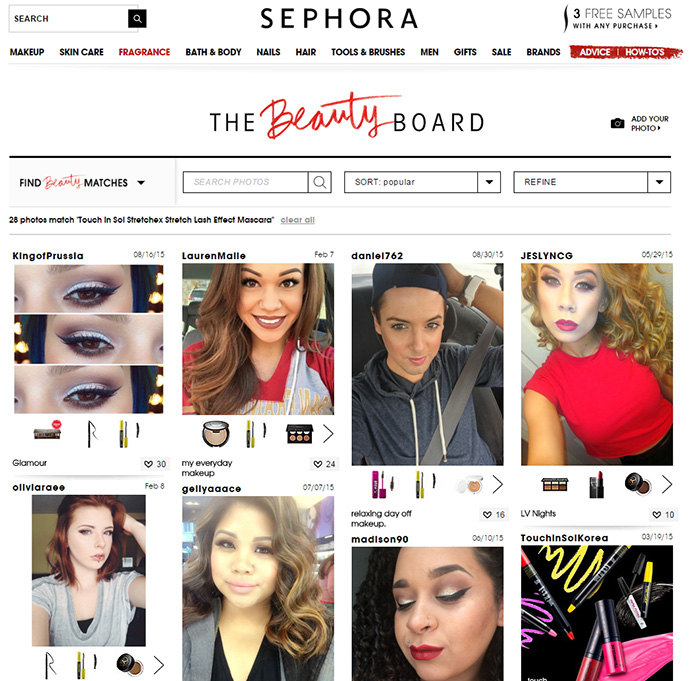 Customers from all around the world share their photos and their reviews of Touch In Sol’s mascara at the Sephora homepage.