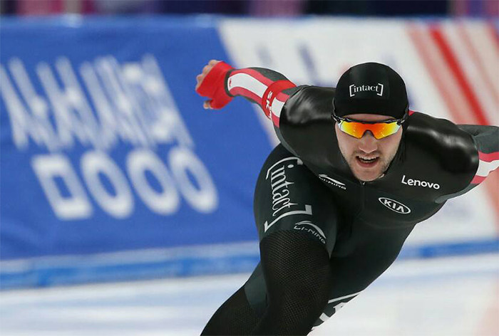 Vincent De Haitre of Canada races in the men's 1,000 m event at the International Skating Union (ISU) World Single Distances Speed Skating Championships at the Gangneung Oval in Gangneung, Gangwon Province, on Feb. 11.