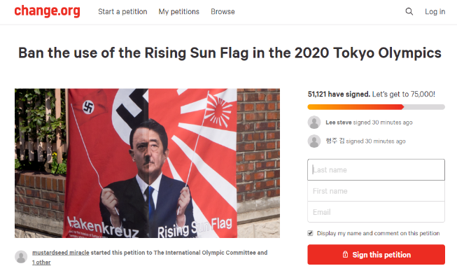 Auf Change.org schließen sich über 50.000 Personen der Petition für Verbot der ‚Flagge der aufgehenden Sonne‘ an