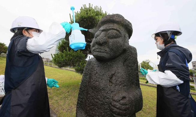 Dol Hareubang auf der Insel Jeju reinigen