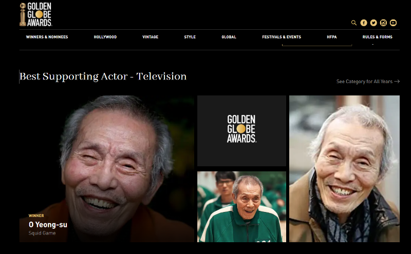 Das obige Bild von der Homepage der Golden Globe Awards zeigt O Yeong-su als Gewinner des Besten Nebendarstellers am 9. Januar 2022. ⓒ Screenshot der Website von Golden Globe Awards
