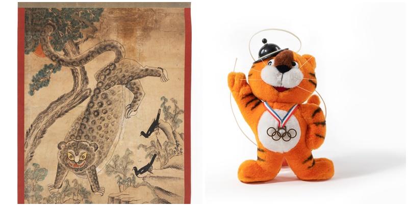 Jakhodo, eine traditionelle koreanische Volksmalerei, zeigt eine Elster (links) und einen Tiger (rechts) namens Hodori, ein offizielles Maskottchen der Olympischen Sommerspiele 1988 in Seoul. ⓒ Nationales Volkskundemuseum von Korea