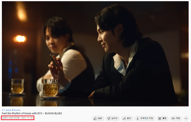 Das Werbevideo zur Förderung der Tourismus in Busan von der Koreanischen Zentrale für Tourismus erhält am 21. Oktober 2022 innerhalb eines Tages nach der Veröffentlichung über 4 Millionen Aufrufe im YouTube-Kanal.
