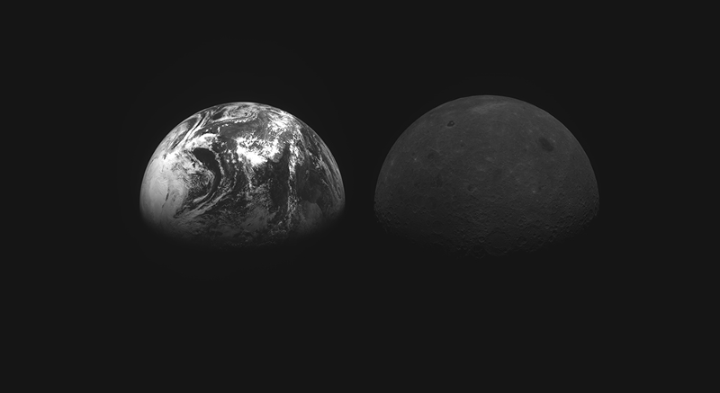 Abgebildet ist die Erde (links) und der Mond, was von einer Kamera an Bord des südkoreanischen Mondorbiters Danuri aufgenommen wurde. ⓒ Forschungsinstitut für Luft- und Raumfahrt (KARI)