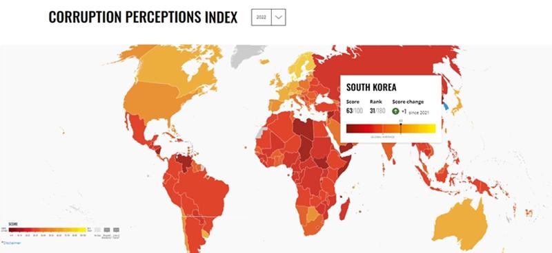 Südkorea rangiert auf dem 31. Platz beim Korruptionswahrnehmungsindex 2022 von Transparency International (TI) mit Sitz in Berlin. ⓒ Screenshot der Website von Corruption Perceptions Index