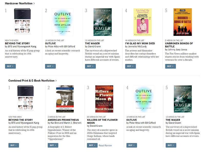 Das Jubiläumsbuch der BTS für ihren 10. Jahrestag, „BEYOND THE STORY : 10-YEAR RECORD OF BTS”, belegte den ersten Platz auf der NYT-Bestseller-Liste ⓒ Screenshot von der Webseite von New York Times
