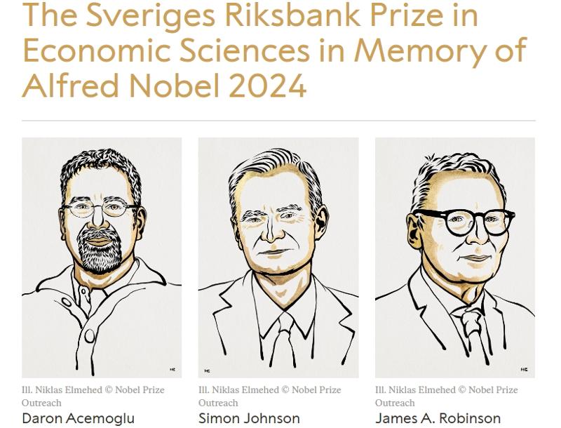 Die Gewinner des Wirtschaftsnobelpreises dieses Jahres. Von links:  Daron Acemoglu und Simon Johnson, Professoren an der Massachusetts Institute of Technology (MIT), sowie James A. Robinson, Professor an der Chicago-Universität. ⓒ Scrennschot der offiziellen Webseite von Nobel Prize