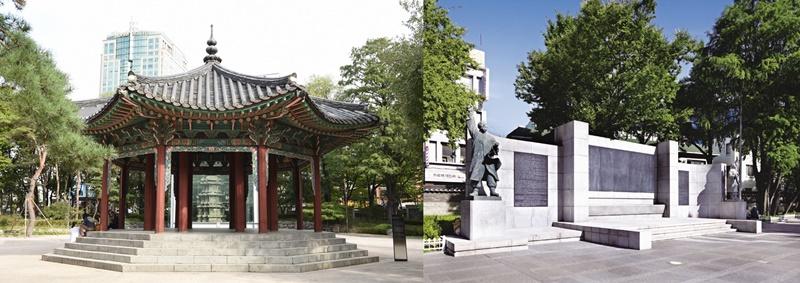 Am 1. März 1919 las der Unabhängigkeitsaktivist Jeong Jae-yong im Tapgol-Park in Jongno-gu, Seoul, die Unabhängigkeitserklärung vor. Links: der achteckige Pavillon, vor dem Jeong die Unabhängigkeitserklärung vorlas. Links: Denkmal, auf dem die Unabhängigkeitserklärung geschrieben ist © Amt für Kulturerbeverwaltung 