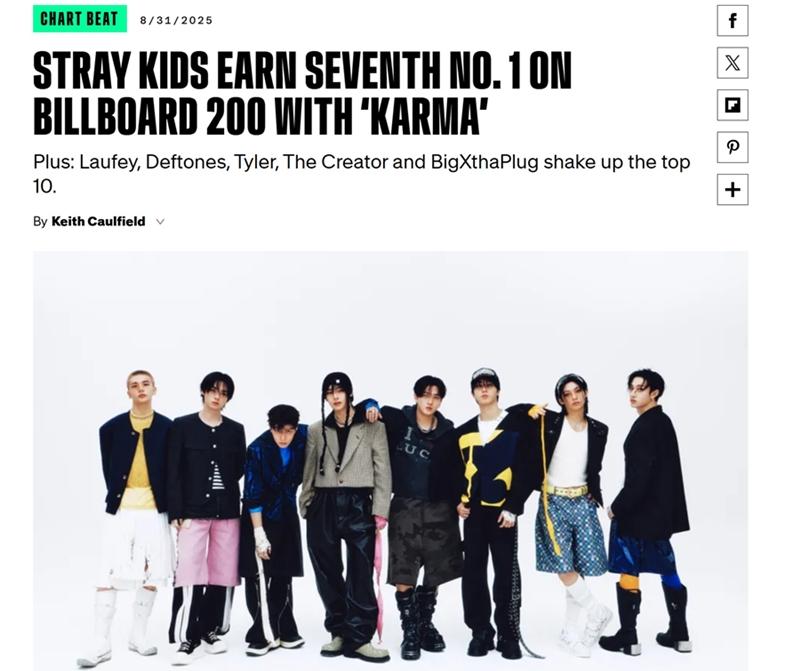 Die K-Pop-Boygruppe Stray Kids schaffte es mit ihrem neuen Album “Karma“ zum siebten Mal an die Spitze der Billboard 200 ⓒ Screenshot der offiziellen Seite von Billboard 
