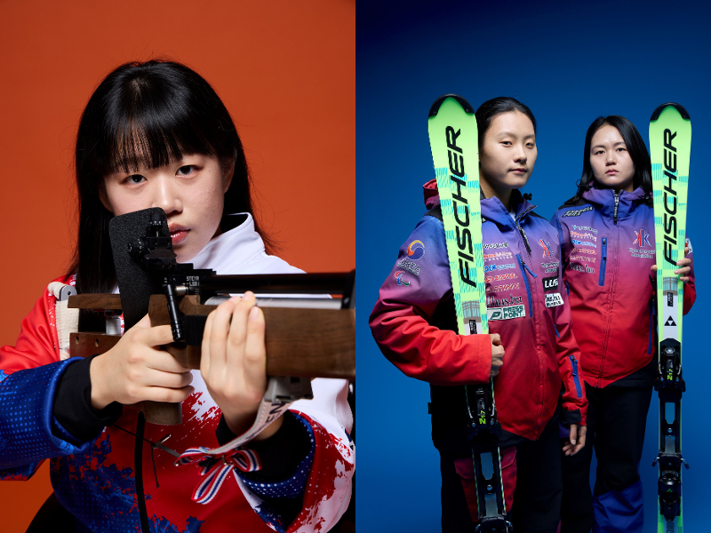 Die koreanische Para-nordische-Skiläuferin Kim Yun-ji (links) und die koreanische Para-Skifahrerin Choi Sara (Mitte) und die koreanische Begleitläuferin Eo Eun-mi ⓒ Koreanisches Paralympisches Komitee  