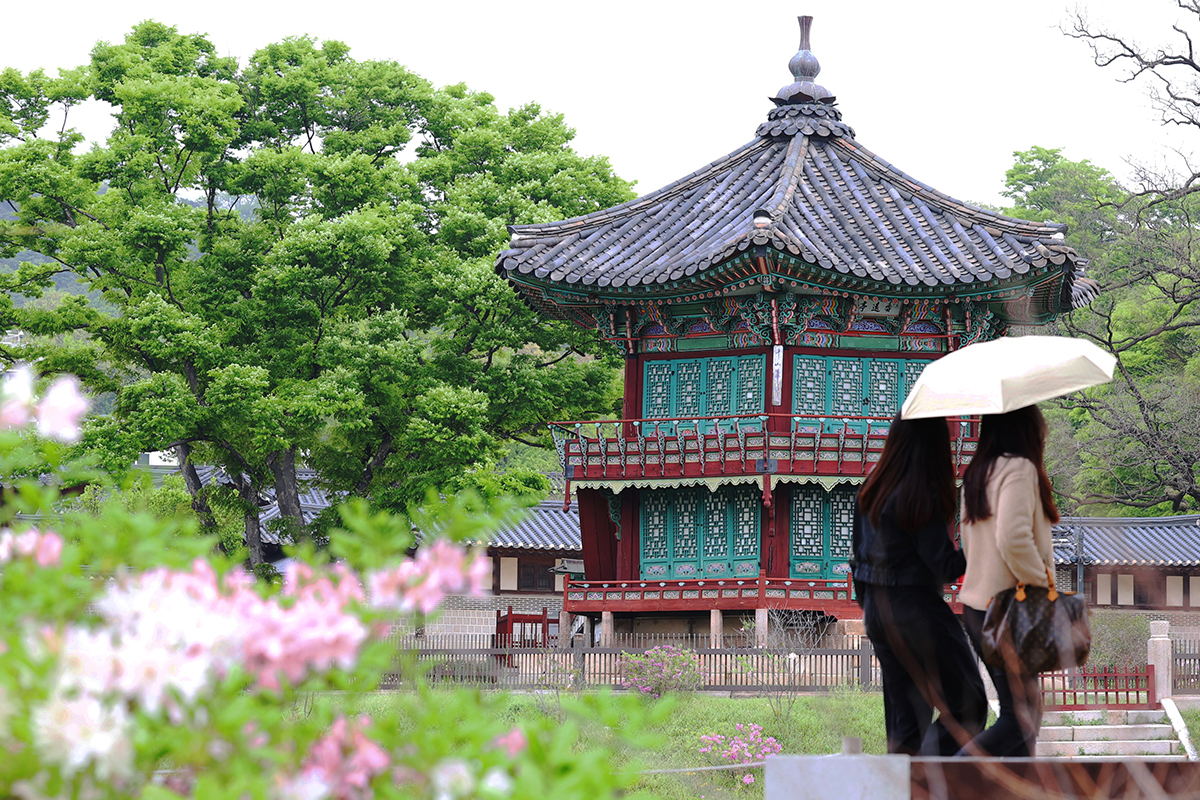 Am 20. April spazieren ausl&auml;ndische Touristen bei Fr&uuml;hlingsregen mit Regenschirmen durch den Gyeongbokgung-Palast im Jongno-gu, Seoul.